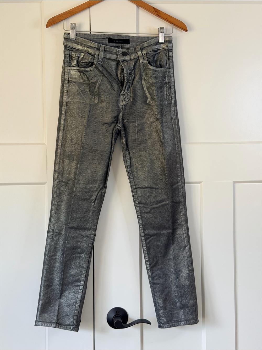 J Brand Metallic Gray Coated Jeans